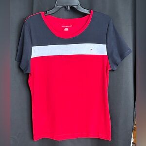 Women's XL Tommy Hilfiger short-sleeve tee red, white, and navy blue colorblock